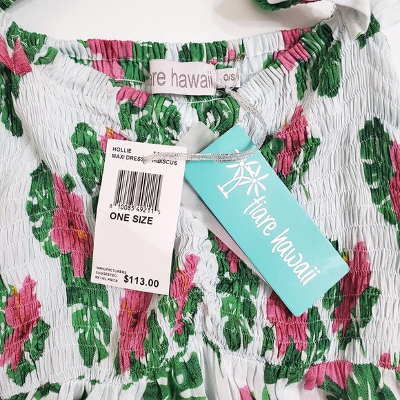 Tiare Hawaii Hollie Maxi Dress OS Tahitian Hibiscus Smocked Slits Vacation Beach - Picture 10 of 15